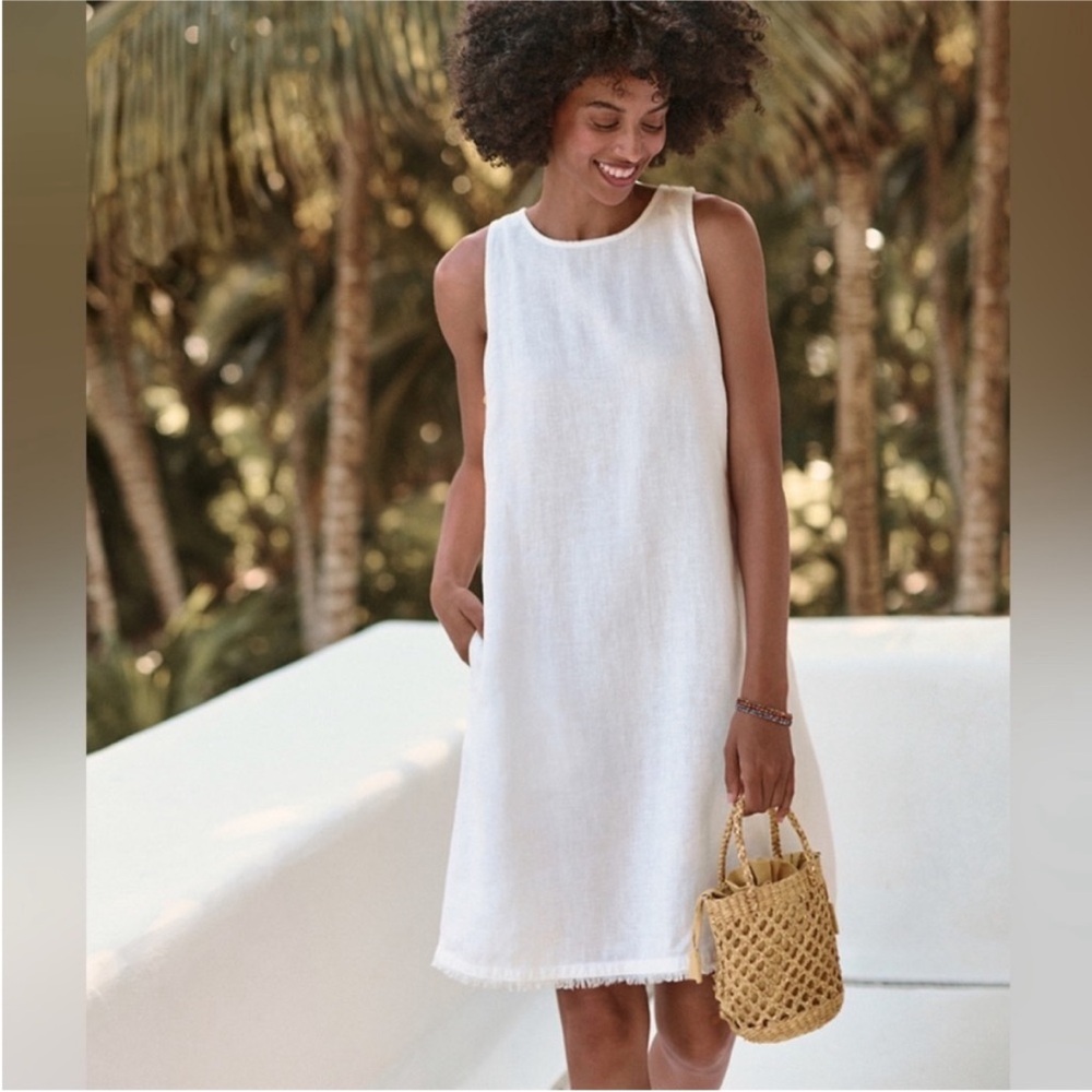 NWT Garnet Hill Harborside Linen Fringe-Hem Dress, white, size 8